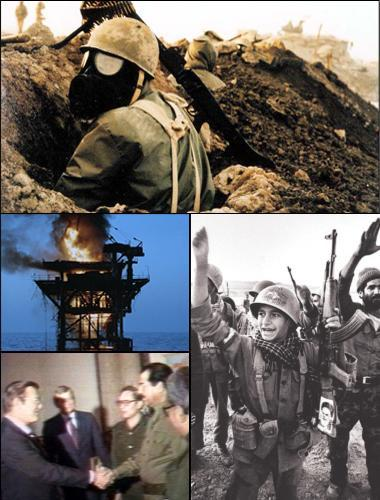 IGCSE history; events in the gulf; iran-iraq war; 	{{Information |Description={{en|1=English: Montage of Iran-Iraq War}} |Source=''Self-made, uses the following images (all public domain)<br/> Image:Chemical weapon1.jpg<br/> Image:Operation Nimble Archer DN-SC-88-01042.jpg<br/> [[:Image:Iranian